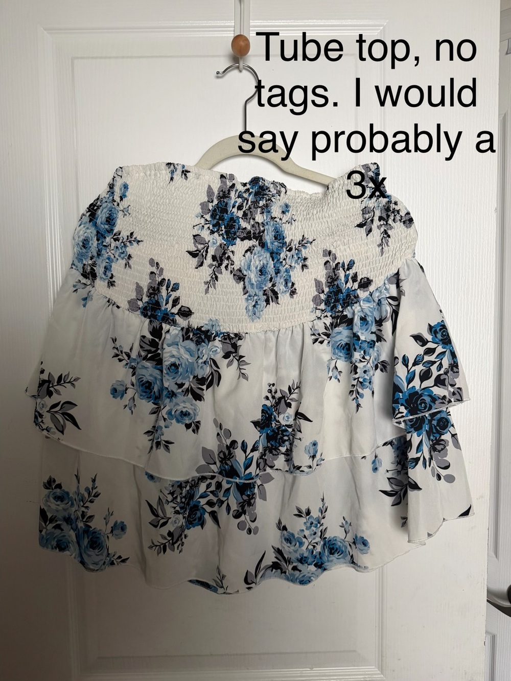 Women’s White Floral Smocked Tube Top with Blue Roses
